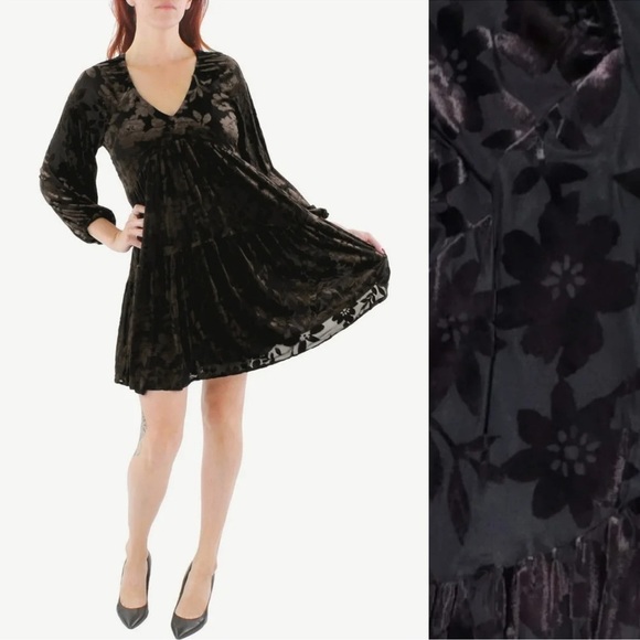 Taylor Black Velvet Burnout Minidress Size 2 V Neck Long Sleeve whimsigoth - Picture 1 of 7